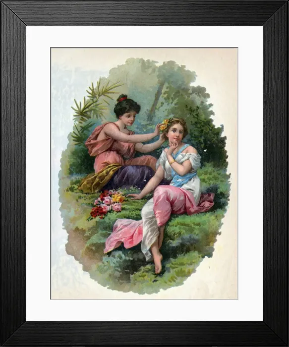 Framed Print : Victorian Transfer design, girls and flowers Framed Print : Victorian Transfer design, girls and flowers