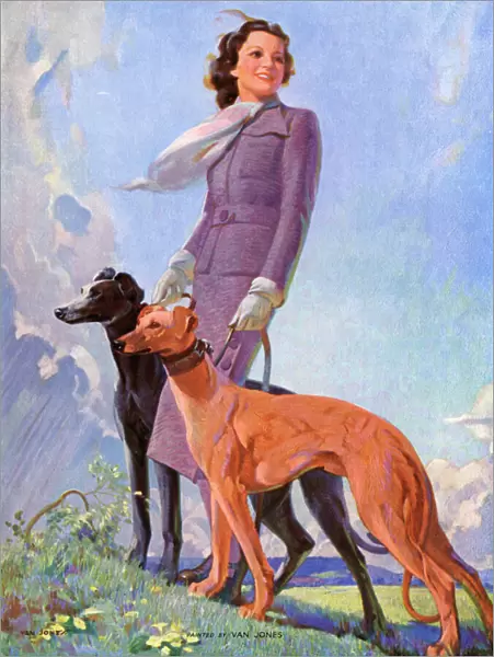 Woman with greyhound dogs in the Mountains