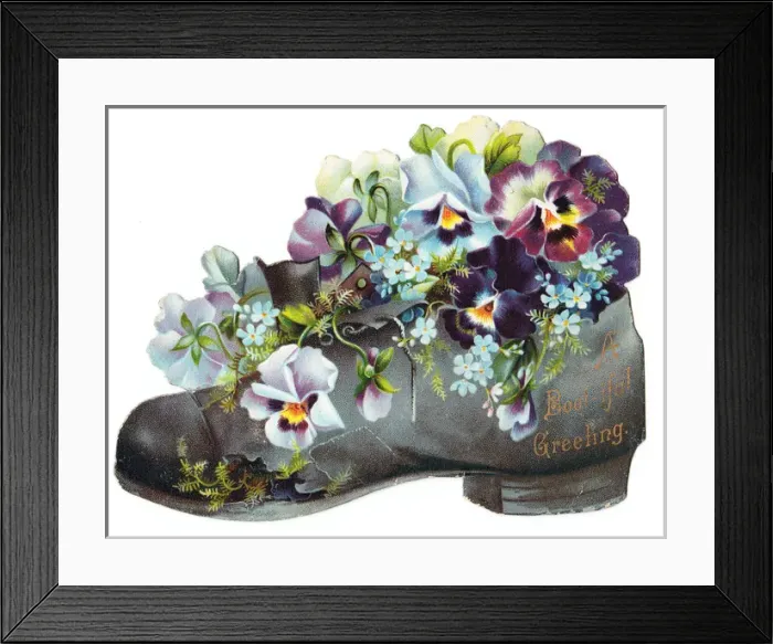 Framed Print : Flowers in an old boot on a greetings card