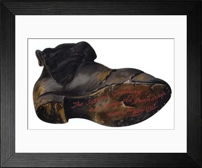Framed Print : Battered old boot-shaped Christmas card Framed Print : Battered old boot-shaped Christmas card