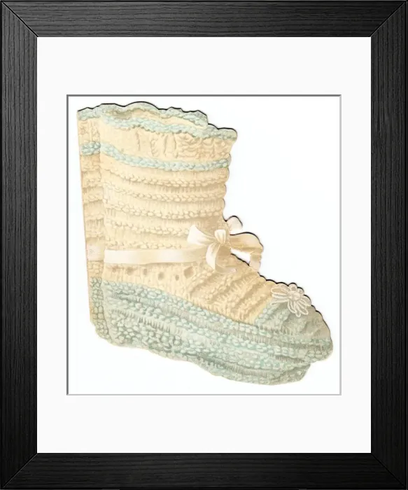 Framed Print : Greetings card, babys knitted shoe Framed Print : Greetings card, babys knitted shoe