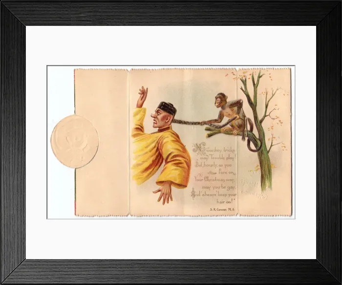 Framed Print : Chinese man and monkey on a Christmas card Framed Print : Chinese man and monkey on a Christmas card