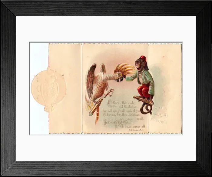 Framed Print : Cockatoo and monkey on a Christmas card