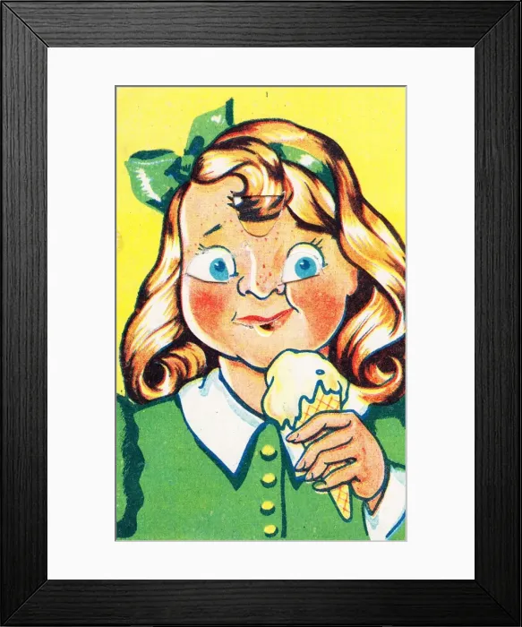 Framed Print : Girl with ice cream on a greetings card Framed Print : Girl with ice cream on a greetings card