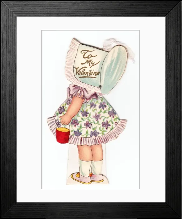 Framed Print : Little girl in a bonnet on a Valentine card Framed Print : Little girl in a bonnet on a Valentine card