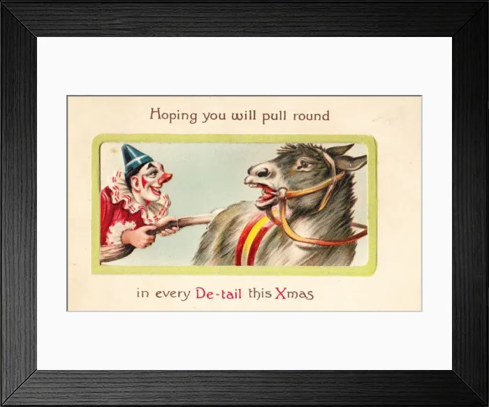 Framed Print : Clown pulling a donkeys tail on a Christmas card Framed Print : Clown pulling a donkeys tail on a Christmas card