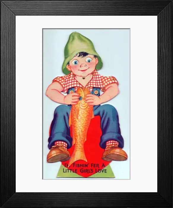 Framed Print : Smiling boy with large fish on a Valentine card Framed Print : Smiling boy with large fish on a Valentine card