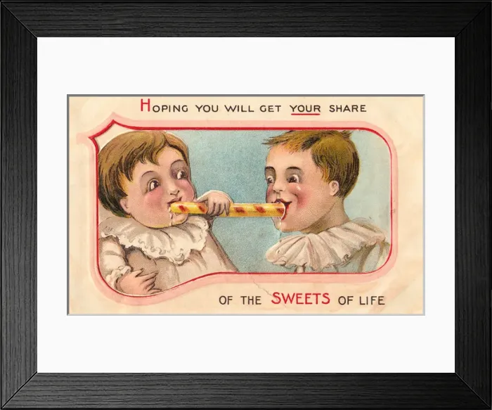 Framed Print : Two children eating sweets on a greetings card Framed Print : Two children eating sweets on a greetings card