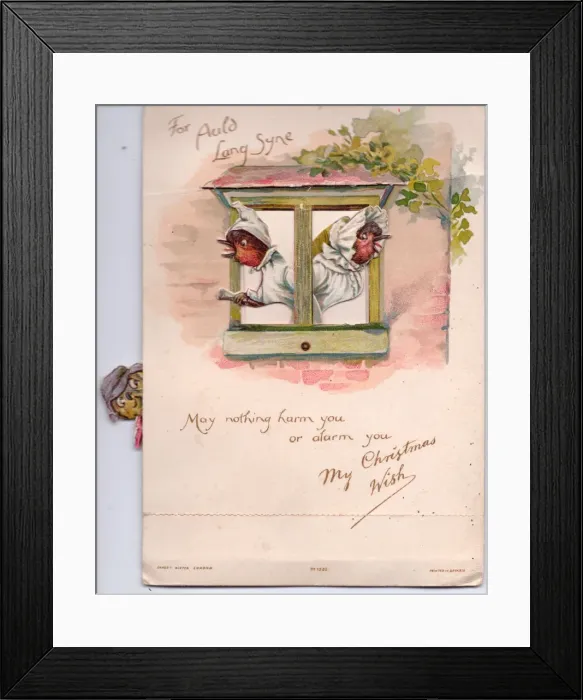 Framed Print : Two robins alarmed by a cat on a Christmas card Framed Print : Two robins alarmed by a cat on a Christmas card