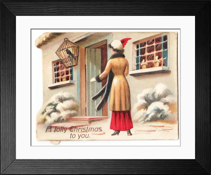 Framed Print : Woman approaching house on a Christmas card Framed Print : Woman approaching house on a Christmas card