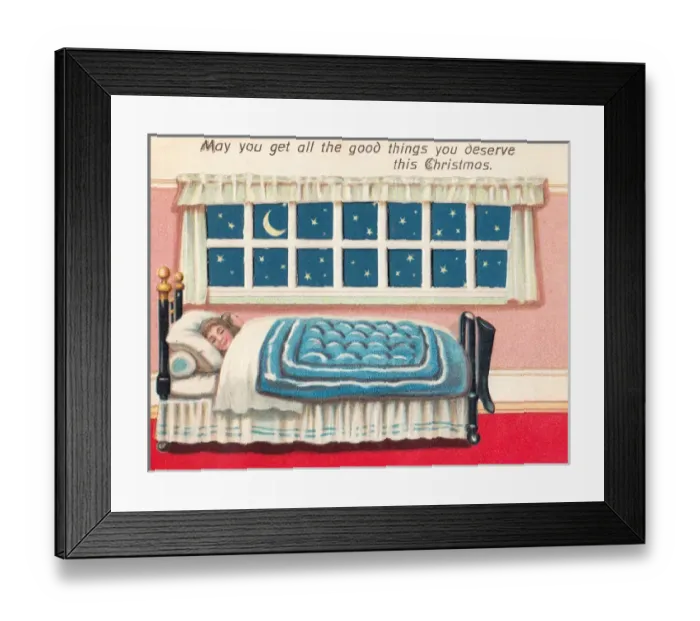 Framed Print : Girl asleep in bed on a Christmas card Framed Print : Girl asleep in bed on a Christmas card