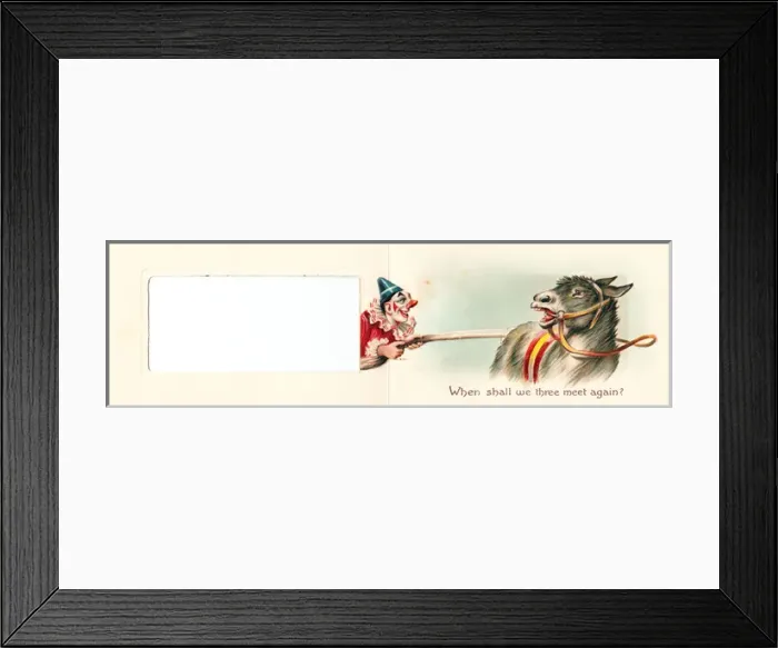 Framed Print : Clown pulling a donkeys tail on a Christmas card Framed Print : Clown pulling a donkeys tail on a Christmas card