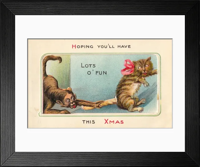 Framed Print : Monkey and cat on a Christmas card Framed Print : Monkey and cat on a Christmas card