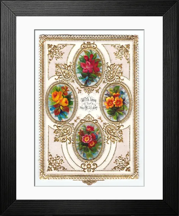 Framed Print : Four oval vignettes on a birthday card Framed Print : Four oval vignettes on a birthday card