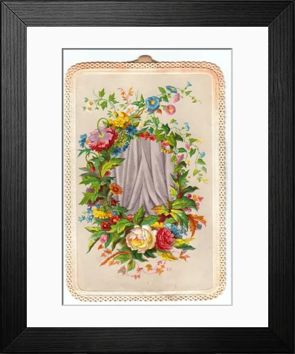 Framed Print : Garland of flowers with curtains on a greetings card Framed Print : Garland of flowers with curtains on a greetings card