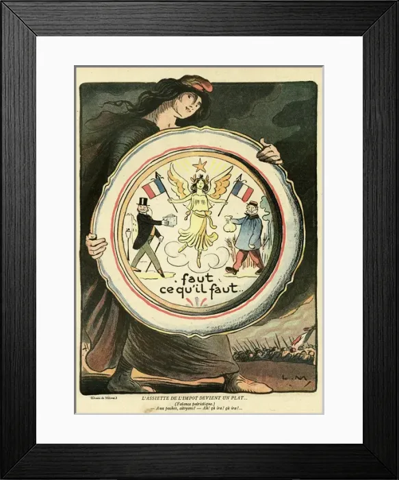 Framed Print : Cartoon, Marianne with a patriotic plate, WW1 Framed Print : Cartoon, Marianne with a patriotic plate, WW1