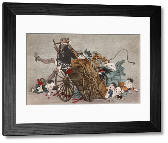 Framed Print : Four young children topple a Japanese handcart as a prank Framed Print : Four young children topple a Japanese handcart as a prank
