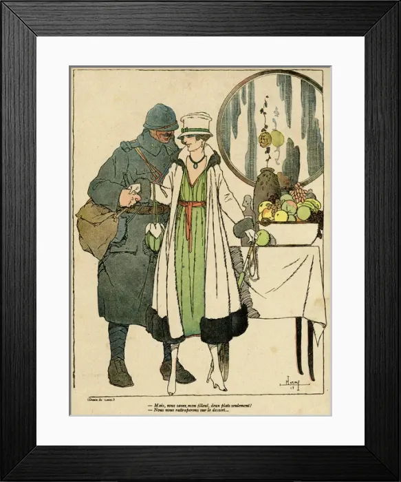 Framed Print : Cartoon, Soldier and godmother with fruit, WW1 Framed Print : Cartoon, Soldier and godmother with fruit, WW1