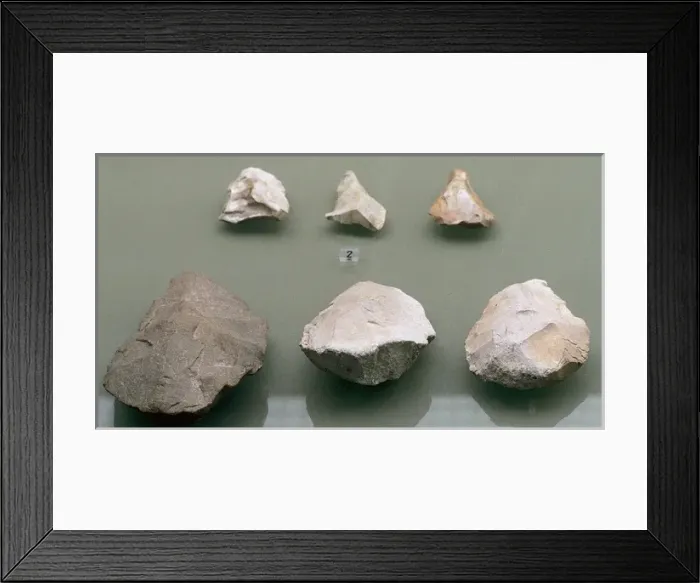 Framed Print : Quartzite cleaver and bifaces. Middle Paleolithic or Mouste Framed Print : Quartzite cleaver and bifaces. Middle Paleolithic or Mouste