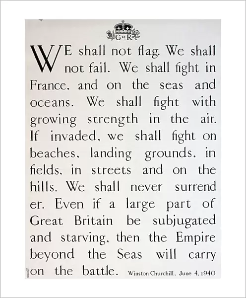 WW2 poster, We shall not flag, Winston Churchill speech