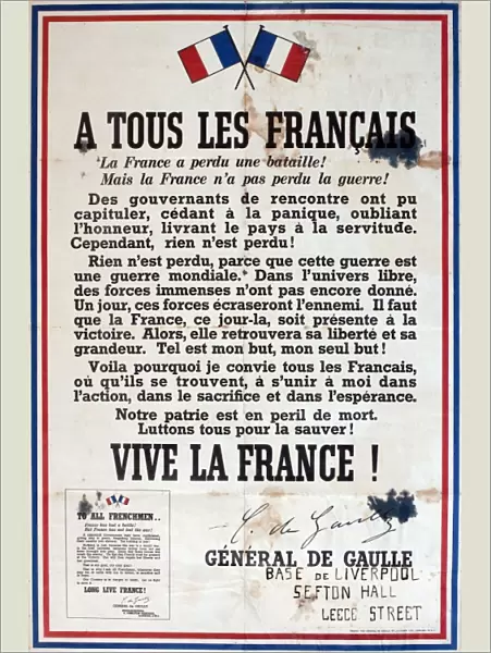 WW2 poster, A tous les francais, General de Gaulle