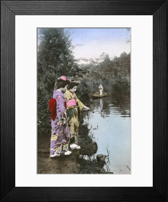 Framed Print : Japan - Geisha Girls by the side of a garden pool Framed Print : Japan - Geisha Girls by the side of a garden pool