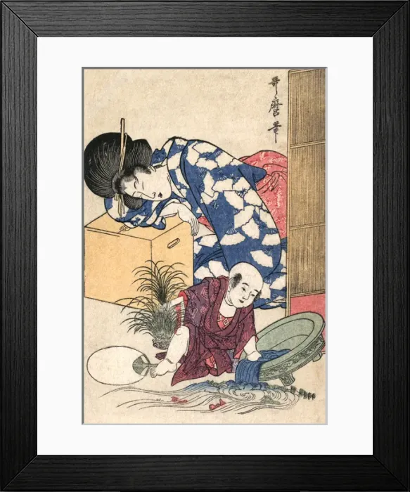 Framed Print : Japanese Art - Toddler causes havoc whilst his mother sleeps Framed Print : Japanese Art - Toddler causes havoc whilst his mother sleeps