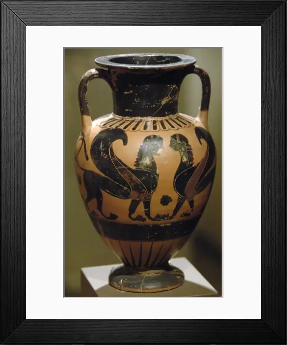 Framed Print : AMPHORISC decorated with black figures representing Sphinx Framed Print : AMPHORISC decorated with black figures representing Sphinx
