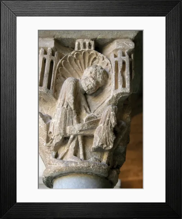 Framed Print : Monastery of Sant Cugat. Capital depicting a carpenter. Cata Framed Print : Monastery of Sant Cugat. Capital depicting a carpenter. Cata