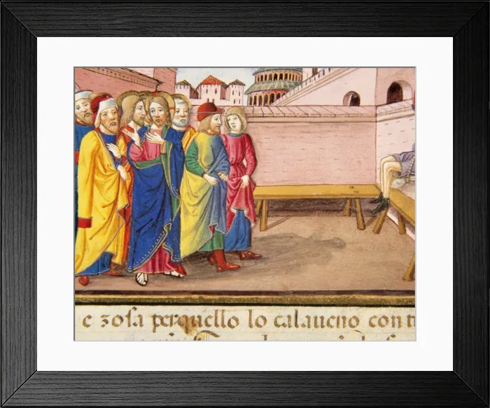 Framed Print : A paralytic is lowered from the roof of a house while Jesus Framed Print : A paralytic is lowered from the roof of a house while Jesus