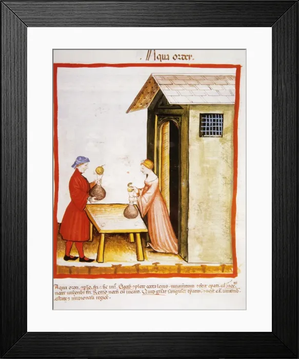 Framed Print : Tacuinum Sanitatis. Late 14th century. Sale of decoction of Framed Print : Tacuinum Sanitatis. Late 14th century. Sale of decoction of