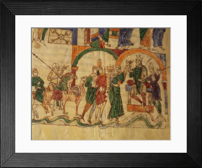Framed Print : Delivery of gifts to a king. Detail of a miniature of the Bi Framed Print : Delivery of gifts to a king. Detail of a miniature of the Bi