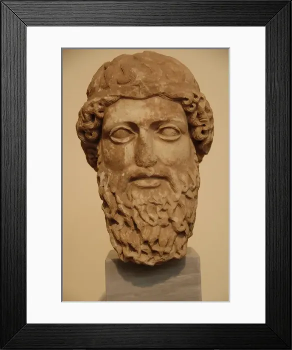 Framed Print : Head of a bearded god in Pentelic marble probably depicting Framed Print : Head of a bearded god in Pentelic marble probably depicting