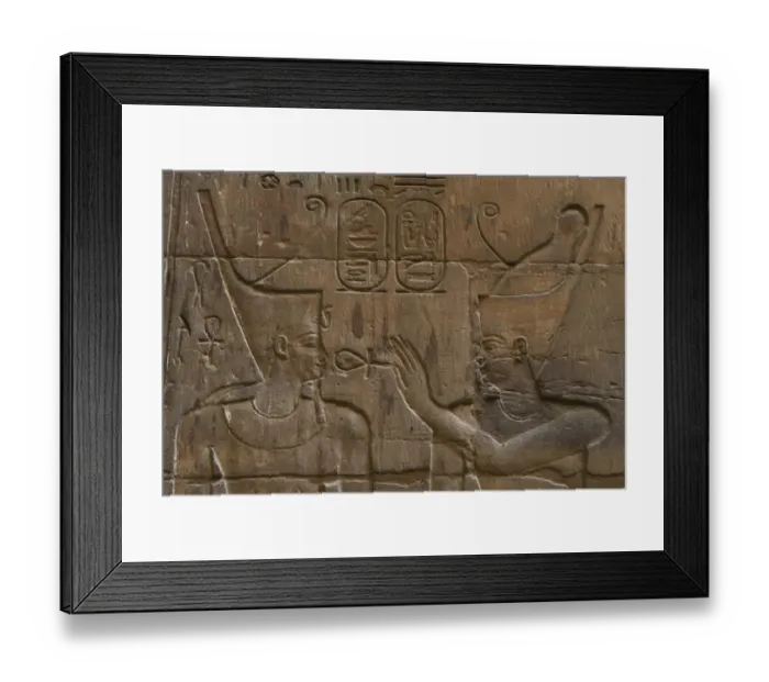Framed Print : Relief depicting Egyptian divinity giving the Ankh to a phar Framed Print : Relief depicting Egyptian divinity giving the Ankh to a phar