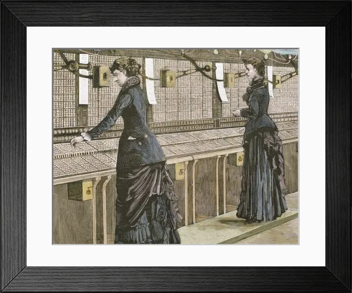 Framed Print : Telephone central office. Switching room and telephonists. M Framed Print : Telephone central office. Switching room and telephonists. M