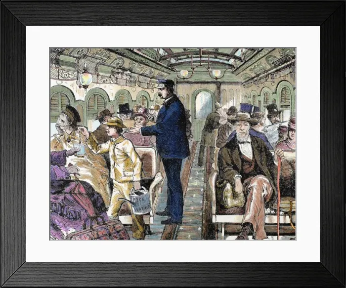 Framed Print : Old railroad car. Inside view with passengers. United States Framed Print : Old railroad car. Inside view with passengers. United States