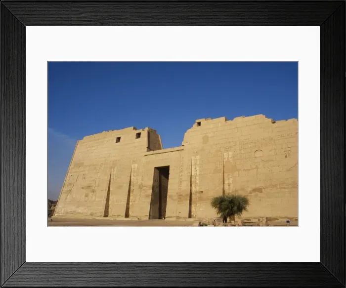 Framed Print : Temple of Ramses III. First pylon with reliefs depicting bat Framed Print : Temple of Ramses III. First pylon with reliefs depicting bat