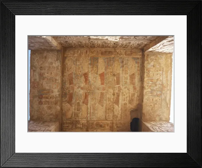 Framed Print : Temple of Ramses III. Reliefs winged beetles with wings outs Framed Print : Temple of Ramses III. Reliefs winged beetles with wings outs