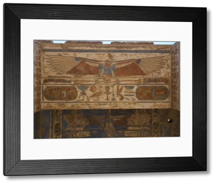 Framed Print : Temple of Ramses III. Reliefs winged beetles with wings outs Framed Print : Temple of Ramses III. Reliefs winged beetles with wings outs