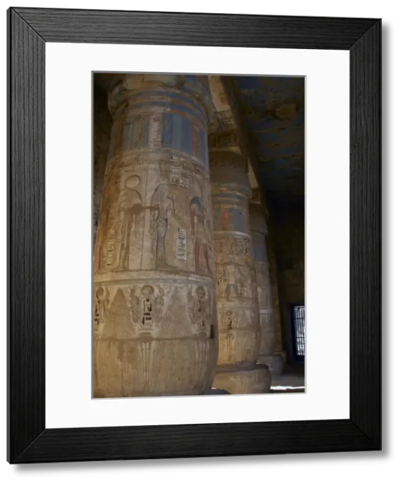 Framed Print : Temple of Ramses III. Columns decorated with polychromed rel Framed Print : Temple of Ramses III. Columns decorated with polychromed rel
