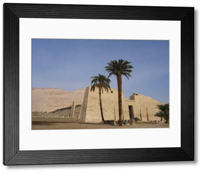 Framed Print : Temple of Ramses III. First pylon with reliefs depicting bat Framed Print : Temple of Ramses III. First pylon with reliefs depicting bat