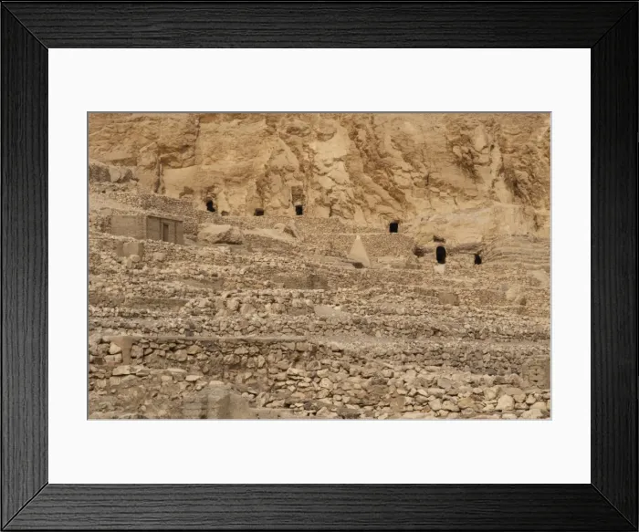 Framed Print : Valley of the Artisans. Ruins of Set Maat. Tombs in the necr Framed Print : Valley of the Artisans. Ruins of Set Maat. Tombs in the necr