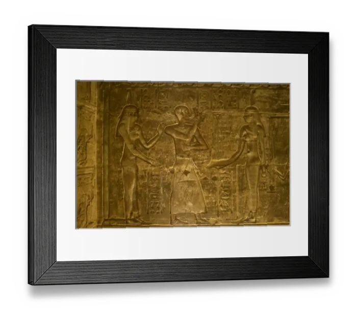 Framed Print : Ptolemaic temple of Hathor and Maat. Male figure flanked by Framed Print : Ptolemaic temple of Hathor and Maat. Male figure flanked by