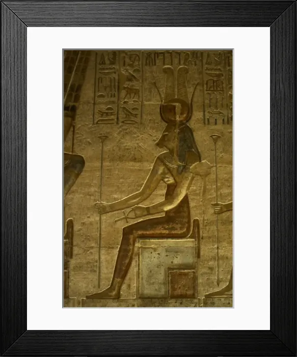 Framed Print : Ptolemaic temple of Hathor and Maat. Hathor. Seated figure Framed Print : Ptolemaic temple of Hathor and Maat. Hathor. Seated figure