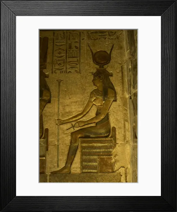 Framed Print : Ptolemaic temple of Hathor and Maat. Hathor. Seated figure Framed Print : Ptolemaic temple of Hathor and Maat. Hathor. Seated figure