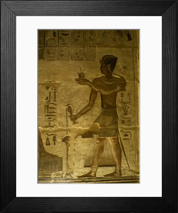 Framed Print : Ptolemaic temple of Hathor and Maat. Pharaoh making offering Framed Print : Ptolemaic temple of Hathor and Maat. Pharaoh making offering