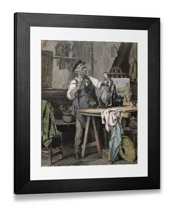Framed Print : Craftsman in his workshop. Colored engraving of 1852 Framed Print : Craftsman in his workshop. Colored engraving of 1852