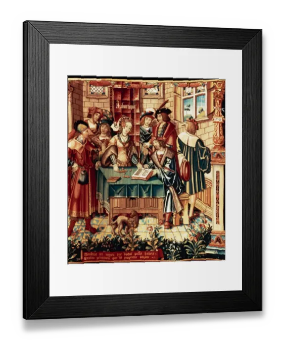 Framed Print : Wool and silk tapestry depicting a banker making a loan tra