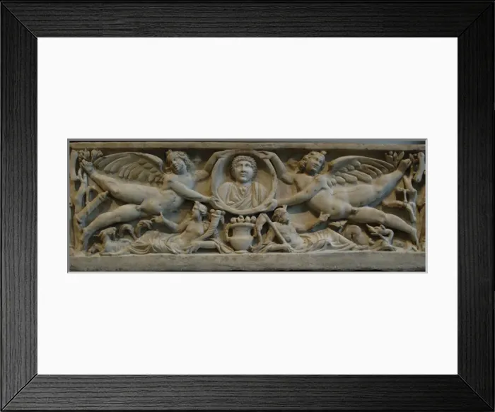 Framed Print : Roman Art. Marble sarcophagus with flying erotes holding a c Framed Print : Roman Art. Marble sarcophagus with flying erotes holding a c