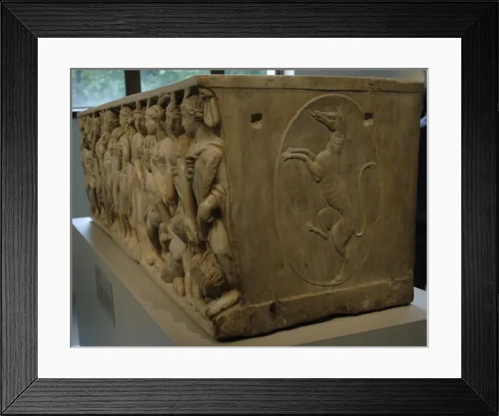 Framed Print : Roman Art. Marble sarcophagus with the contest between the M Framed Print : Roman Art. Marble sarcophagus with the contest between the M